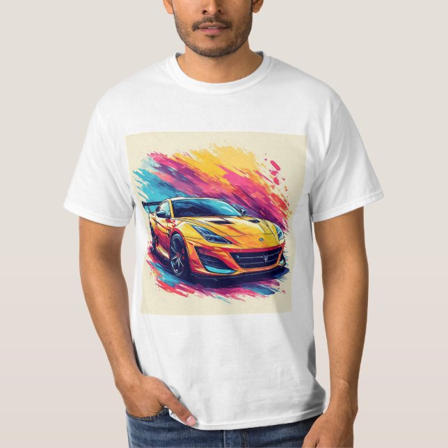 Vibrant Sports Car in a Dynamic Abstract Art T-Shirt (Front)