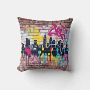 Vibrant Spray-Painted City Skyline" Cushion