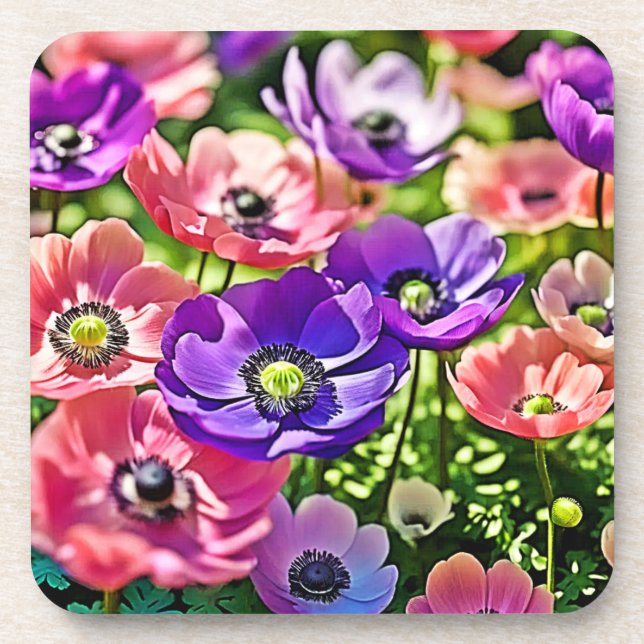 Vibrant Spring Anemone Blooms Design Coaster (Front)