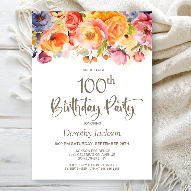 Vibrant Spring Floral 100th Birthday Party Invitation (Creator Uploaded)