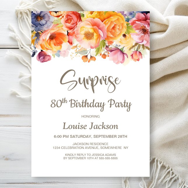 Vibrant Spring Floral Surprise 80th Birthday Party Invitation (Creator Uploaded)