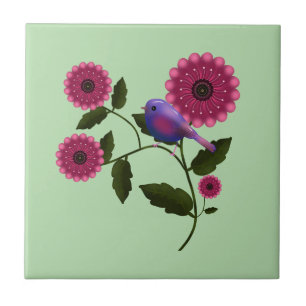 Vibrant Spring Floral with Cute Purple Bird Art Ceramic Tile