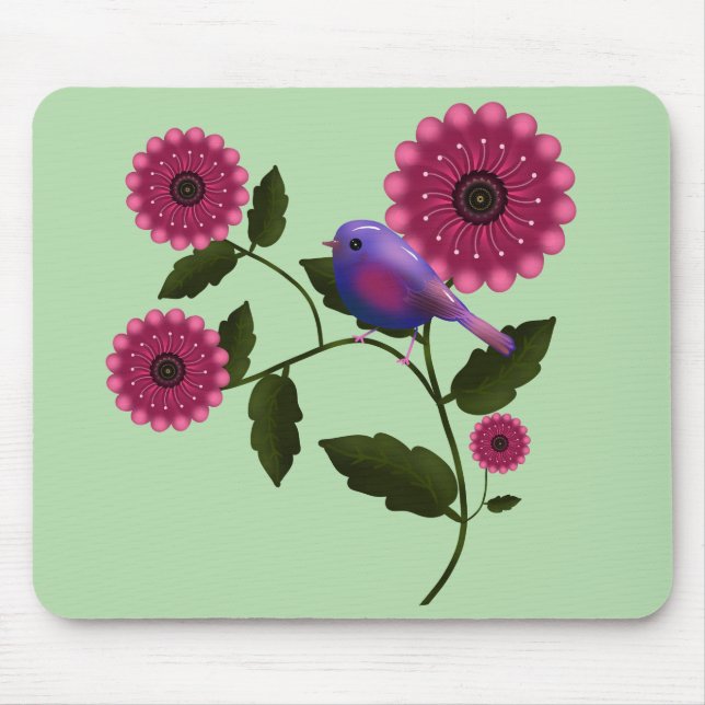 Vibrant Spring Floral with Cute Purple Bird Art Mouse Pad (Front)