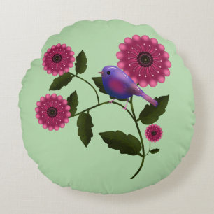 Vibrant Spring Floral with Cute Purple Bird Art Round Cushion