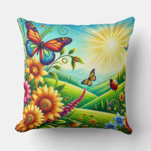 Vibrant Spring Landscape With Flowers Cushion