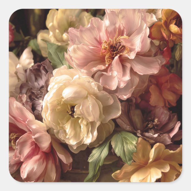 Vibrant Spring Peony Vintage Arrangement Square Sticker (Front)