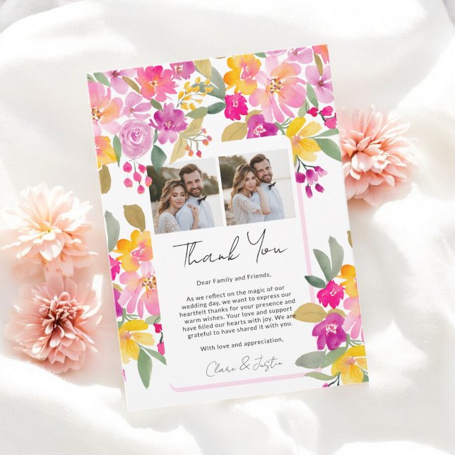Vibrant Spring Summer Floral 3-Photo Wedding Thank You Card (Vibrant Spring Summer Floral 3-Photo Wedding Thank You Card)
