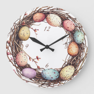 Vibrant Springtime Egg Nest Easter Brunch Large Clock