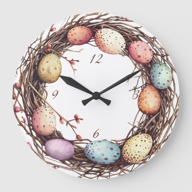 Vibrant Springtime Egg Nest Easter Brunch Large Clock (Front)