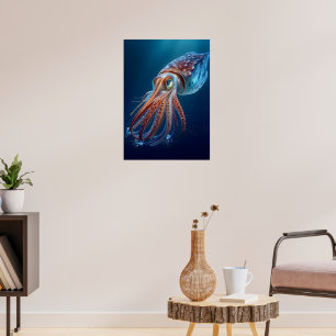 Vibrant Squid in the Deep Sea – Marine Life Illust Poster