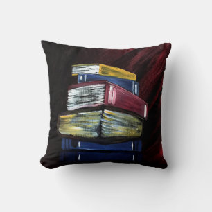 Vibrant Stacked Books Painting Cozy Literary Cushion