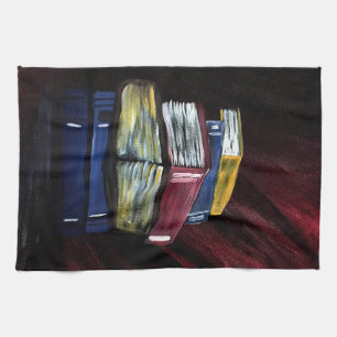 Vibrant Stacked Books Painting Literary Kitchen Tea Towel