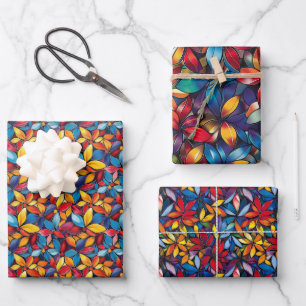 Vibrant Stained-Glass 3D Floral Pattern Wrapping Paper Sheet