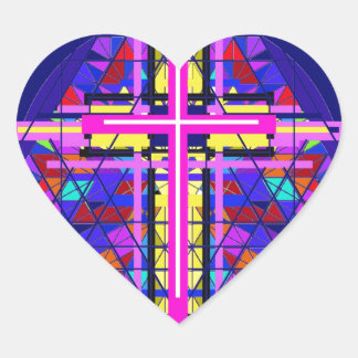 Vibrant Stained Glass Christian Cross. Heart Sticker