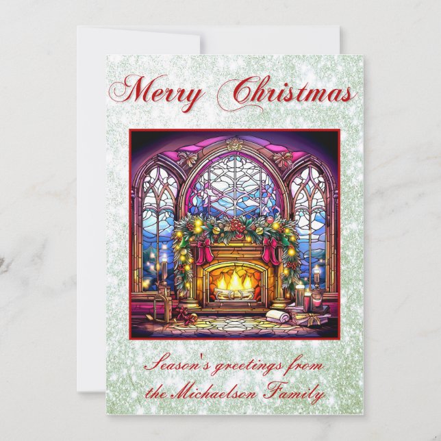 Vibrant Stained Glass Cosy Fireplace Green Glitter Holiday Card (Front)