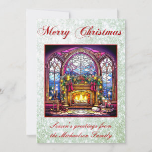 Vibrant Stained Glass Cosy Fireplace Green Glitter Holiday Card