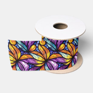 Vibrant Stained Glass Floral: Colourful Design Satin Ribbon