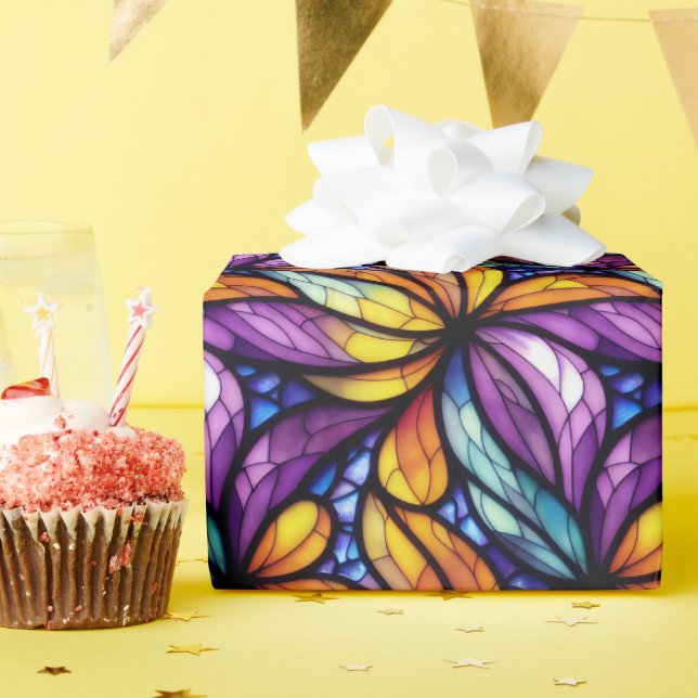 Vibrant Stained Glass Floral: Colourful Design Wrapping Paper (Birthday Party)