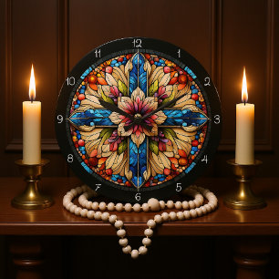 Vibrant Stained Glass Floral Cross  Large Clock