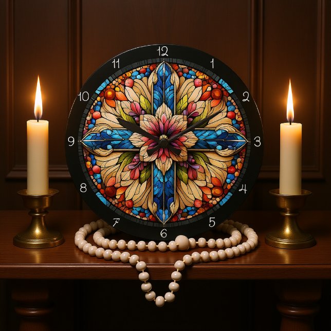 Vibrant Stained Glass Floral Cross  Large Clock (Creator Uploaded)