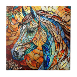 Vibrant Stained Glass Horse 25 Ceramic Tile