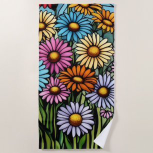 Vibrant Stained Glass Look Bohemian Garden Daisies Beach Towel