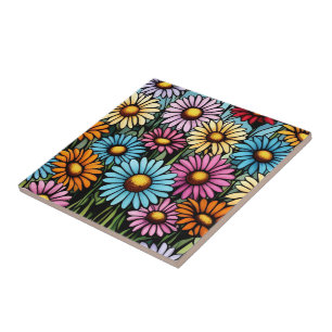Vibrant Stained Glass Look Bohemian Garden Daisies Ceramic Tile