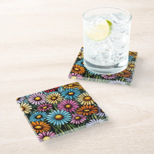 Vibrant Stained Glass Look Bohemian Garden Daisies Coaster