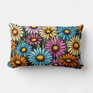 Vibrant Stained Glass Look Bohemian Garden Daisies Lumbar Cushion
