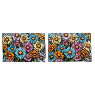 Vibrant Stained Glass Look Bohemian Garden Daisies Pillowcase