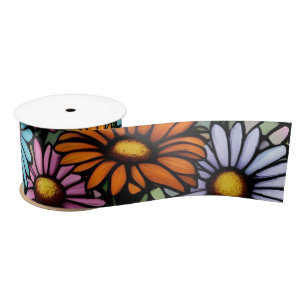 Vibrant Stained Glass Look Bohemian Garden Daisies Satin Ribbon