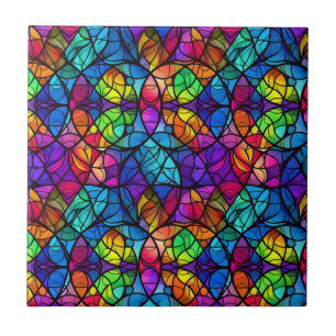 Vibrant Stained Glass Rainbow Pattern Ceramic Tile