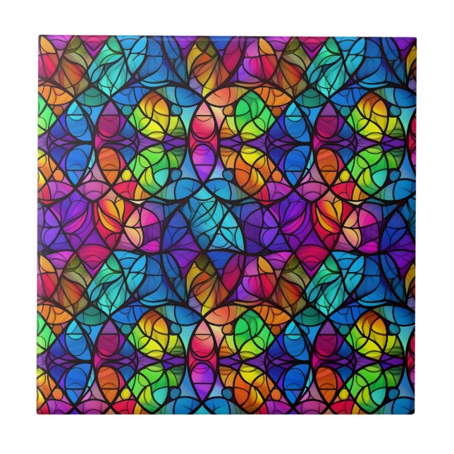 Vibrant Stained Glass Rainbow Pattern Ceramic Tile (Front)