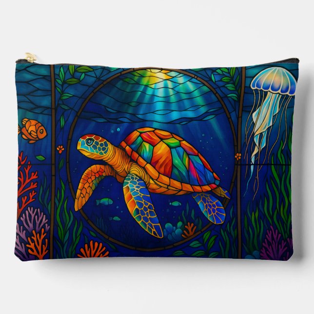 Vibrant Stained Glass Sea Turtle Ocean Design Accessory Pouch (Front)