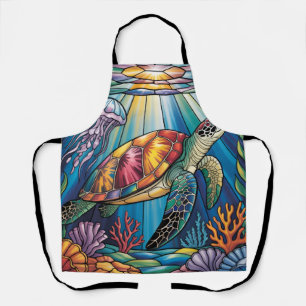 Vibrant Stained Glass Sea Turtle Ocean Design Apron