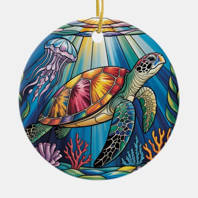 Vibrant Stained Glass Sea Turtle Ocean Design Ceramic Ornament (Front)
