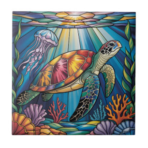 Vibrant Stained Glass Sea Turtle Ocean Design Ceramic Tile