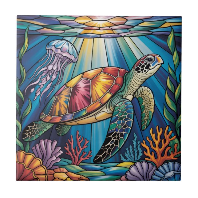 Vibrant Stained Glass Sea Turtle Ocean Design Ceramic Tile (Front)
