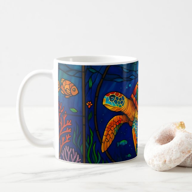 Vibrant Stained Glass Sea Turtle Ocean Design Coffee Mug (With Donut)
