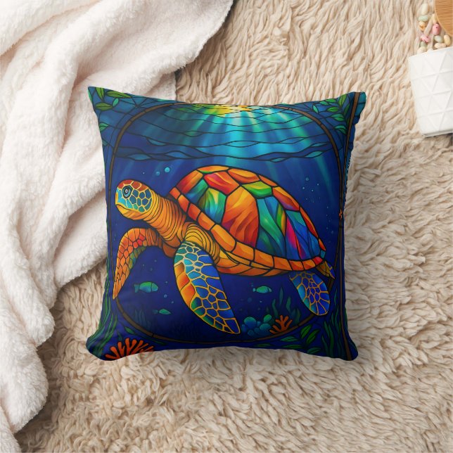 Vibrant Stained Glass Sea Turtle Ocean Design Cushion (Blanket)