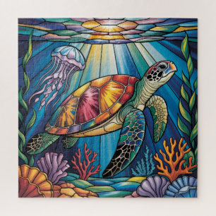 Vibrant Stained Glass Sea Turtle Ocean Design Jigsaw Puzzle