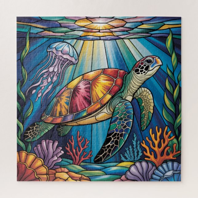 Vibrant Stained Glass Sea Turtle Ocean Design Jigsaw Puzzle (Vertical)