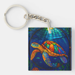 Vibrant Stained Glass Sea Turtle Ocean Design Key Ring