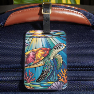 Vibrant Stained Glass Sea Turtle Ocean Design Luggage Tag