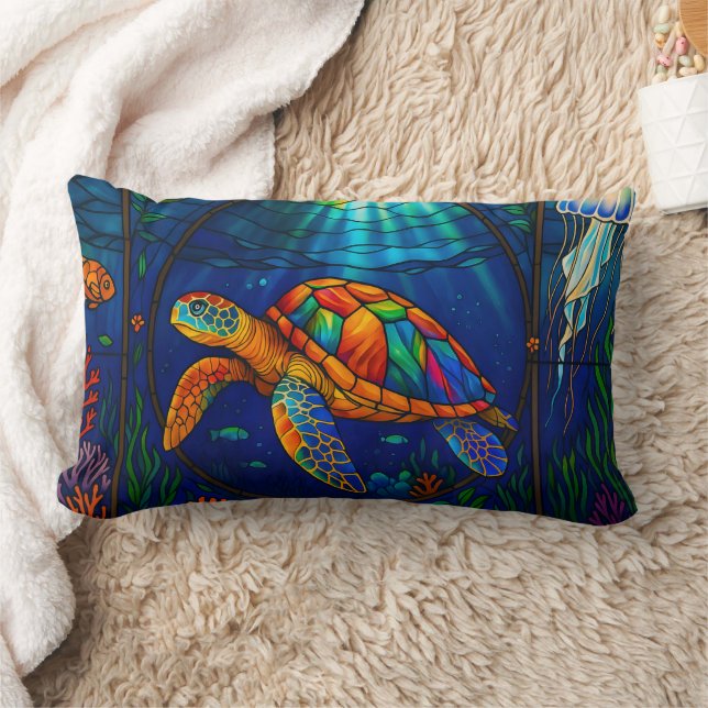 Vibrant Stained Glass Sea Turtle Ocean Design Lumbar Cushion (Blanket)