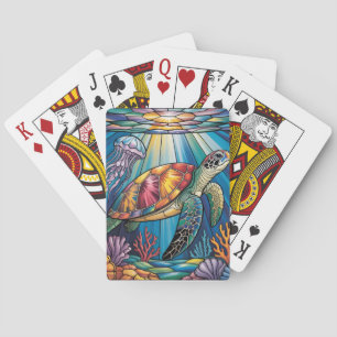 Vibrant Stained Glass Sea Turtle Ocean Design Playing Cards
