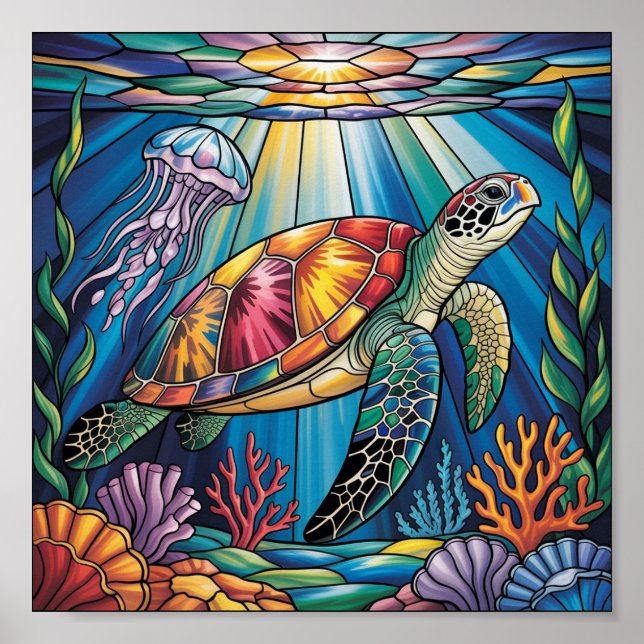 Vibrant Stained Glass Sea Turtle Ocean Design Poster (Front)