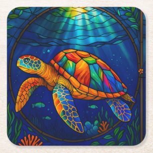 Vibrant Stained Glass Sea Turtle Ocean Design Square Paper Coaster