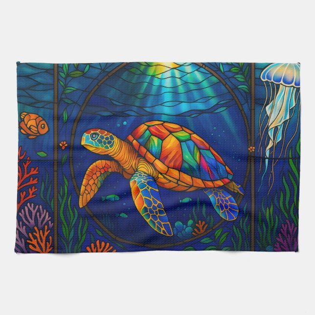 Vibrant Stained Glass Sea Turtle Ocean Design Tea Towel (Horizontal)