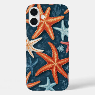 Vibrant Starfish Pattern on Deep Blue iPhone 16 Plus Case